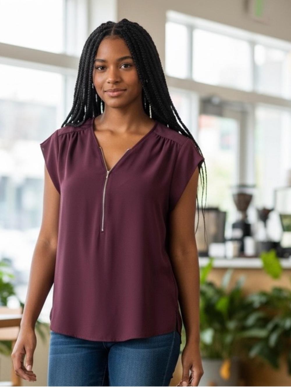 Sweet Rain Zip-Front Cap Sleeve Top in Plum